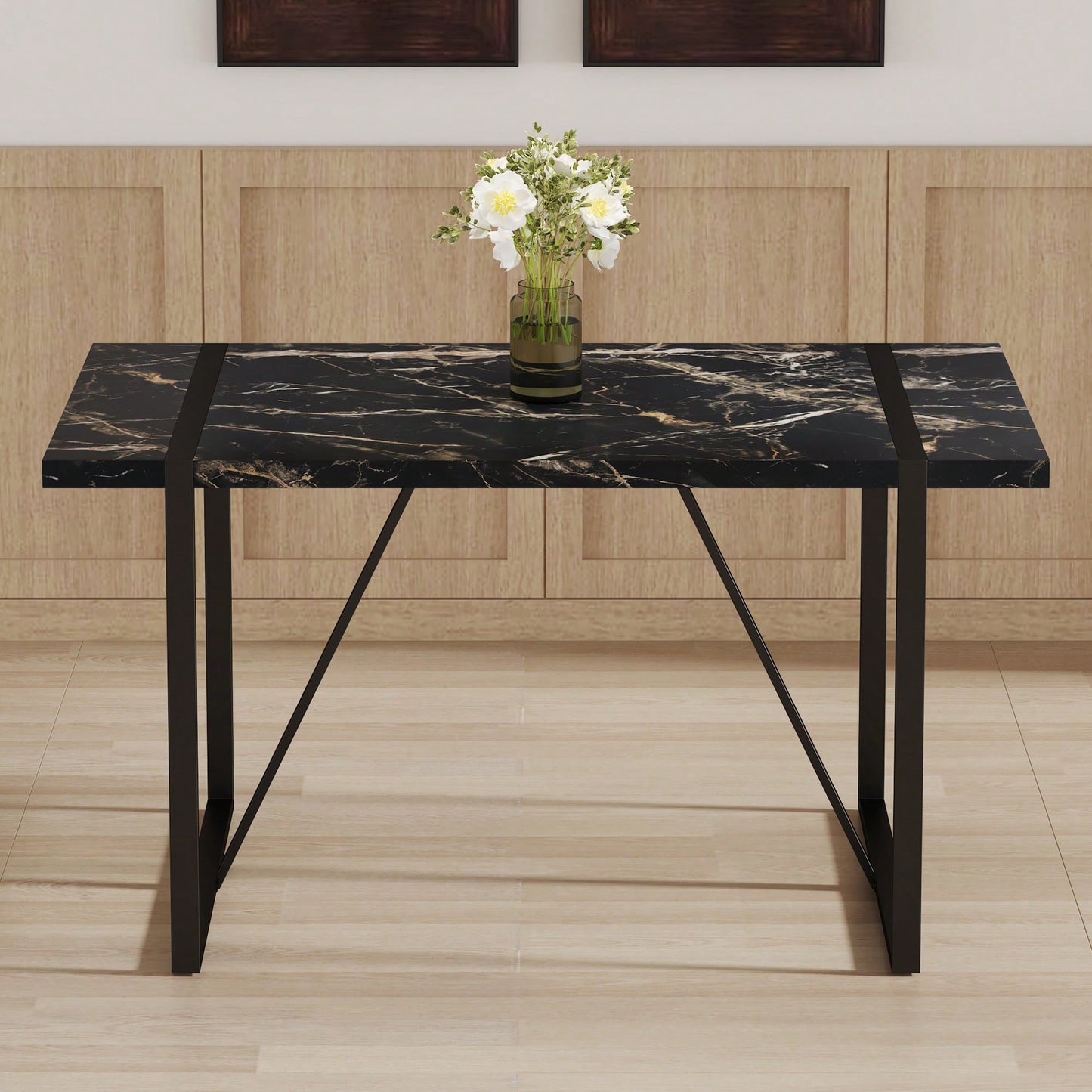 Industrial Black MDF Dining Table For 4-6 People With 1.5 Inch Thick Top And Metal Legs For Kitchen, Dining Room, Or Work Desk