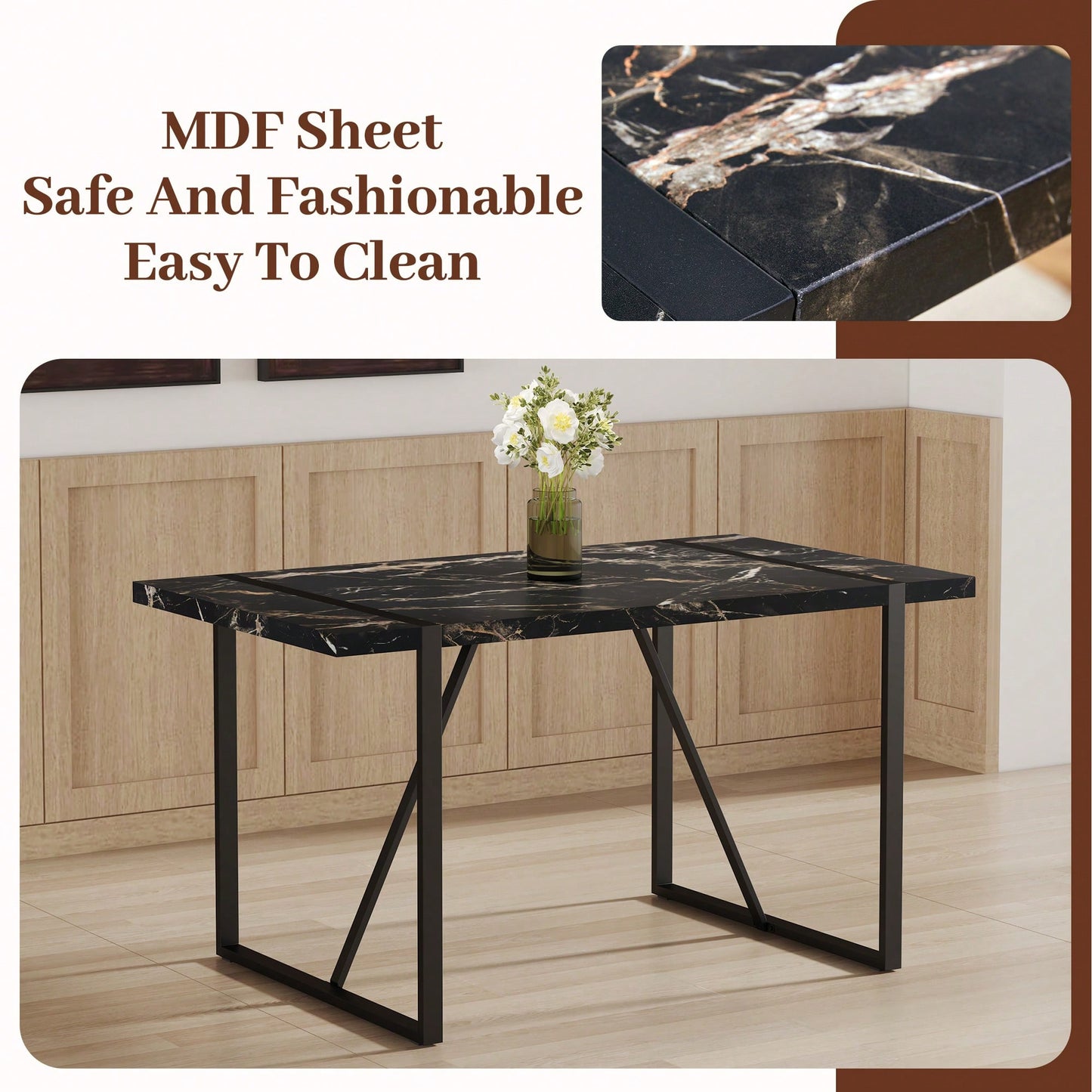 Industrial Black MDF Dining Table For 4-6 People With 1.5 Inch Thick Top And Metal Legs For Kitchen, Dining Room, Or Work Desk