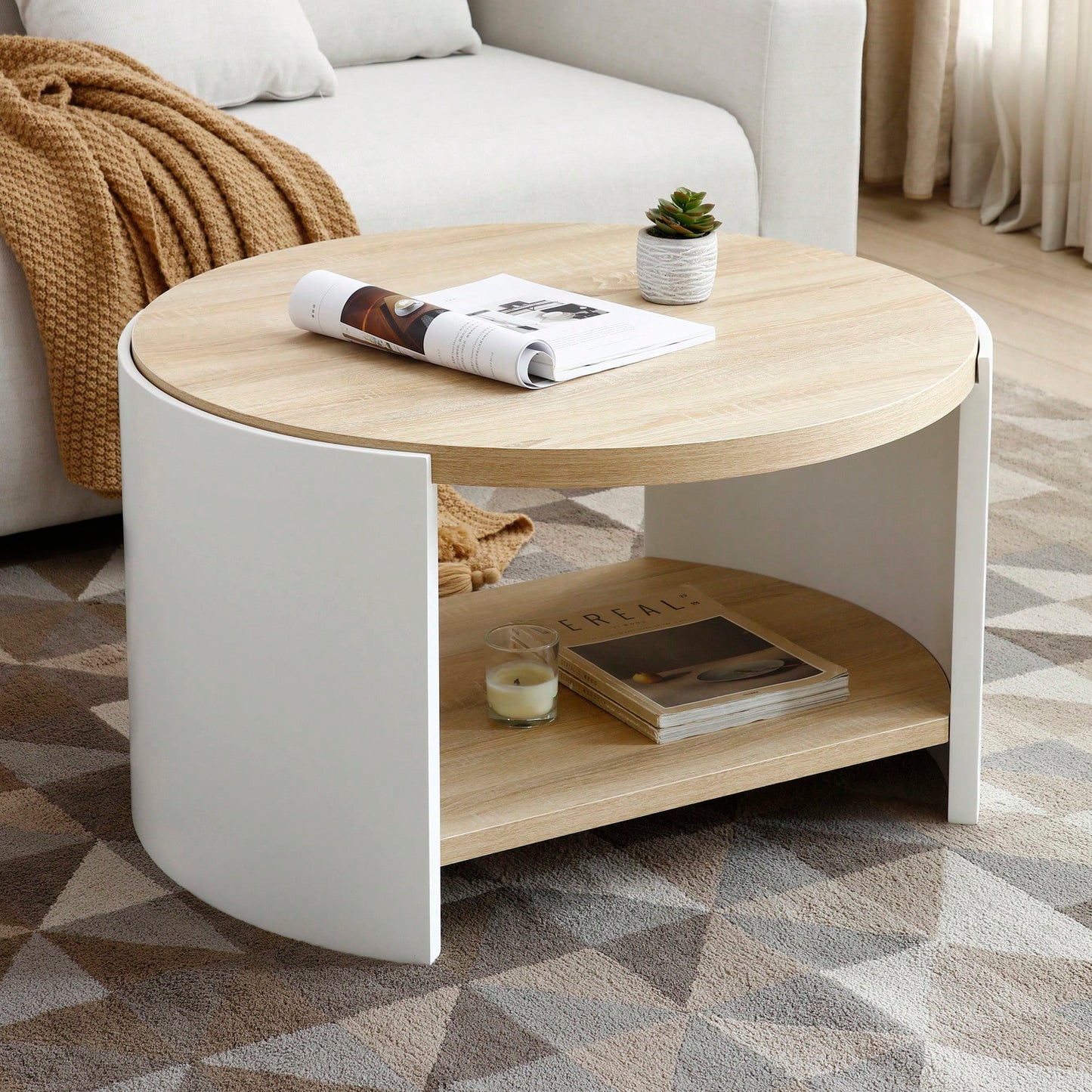 Rustic 31" Round Coffee Table With 2-Tier Storage Shelf For Living Room - Modern Natural Wood And White Design