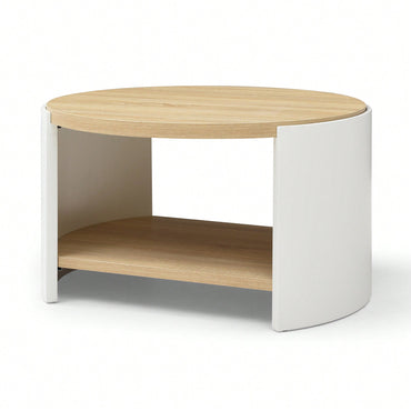 Rustic 31" Round Coffee Table With 2-Tier Storage Shelf For Living Room - Modern Natural Wood And White Design