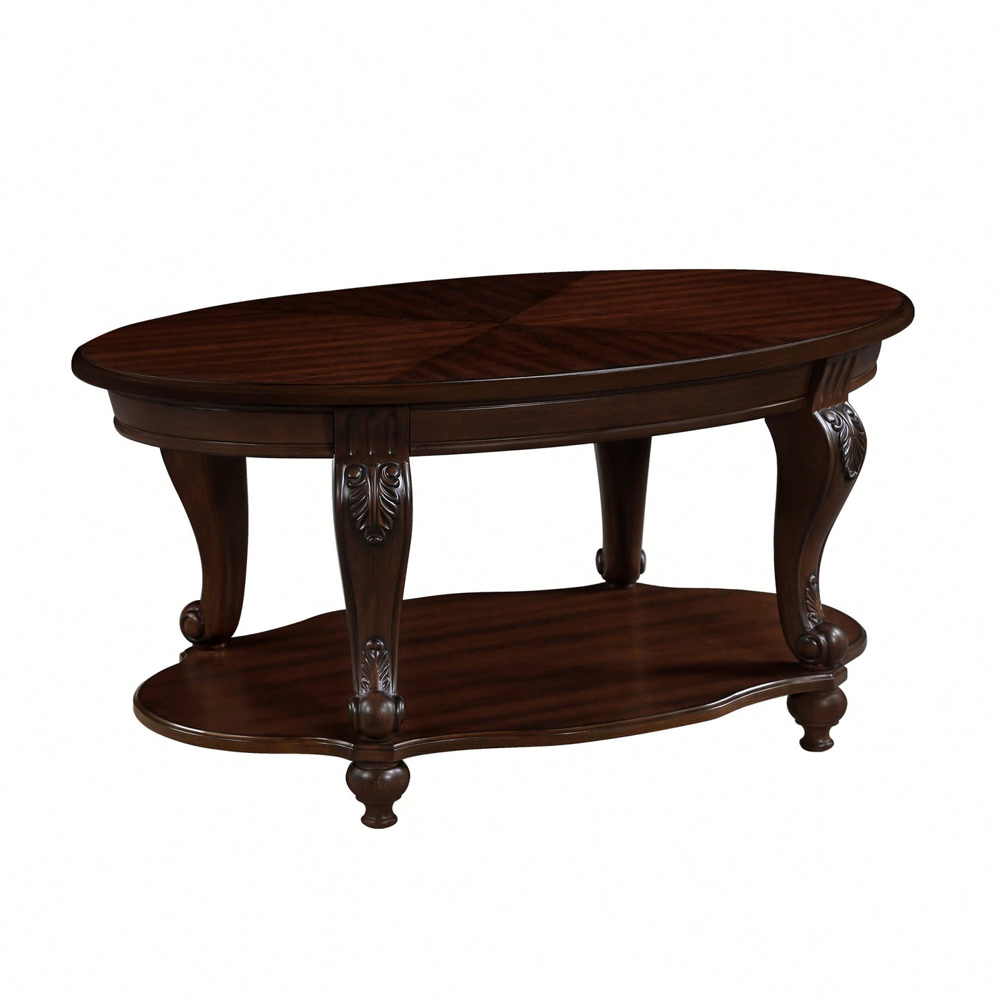 Stylish 42'' Oval Wood Coffee Table For Living Room - 2-Tier Solid Wood Design With Open Storage Shelf, Easy Assembly - Elegant Cherry Finish