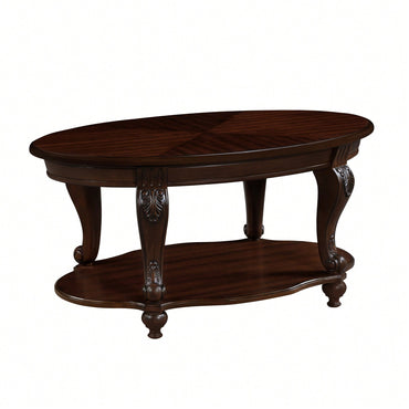 Stylish 42'' Oval Wood Coffee Table For Living Room - 2-Tier Solid Wood Design With Open Storage Shelf, Easy Assembly - Elegant Cherry Finish