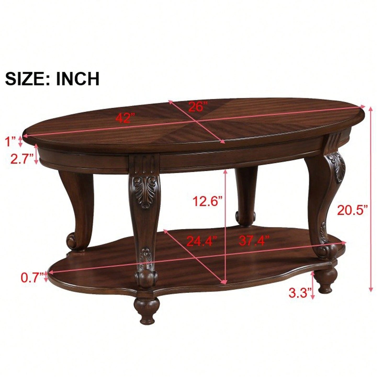Stylish 42'' Oval Wood Coffee Table For Living Room - 2-Tier Solid Wood Design With Open Storage Shelf, Easy Assembly - Elegant Cherry Finish