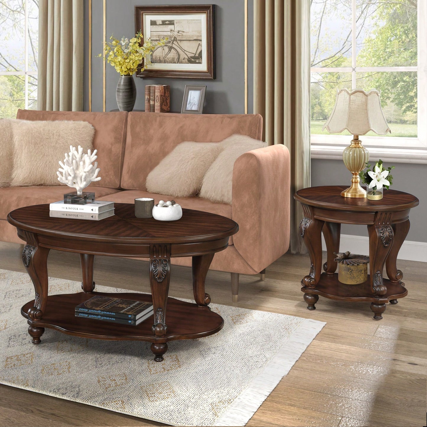 Stylish 42'' Oval Wood Coffee Table For Living Room - 2-Tier Solid Wood Design With Open Storage Shelf, Easy Assembly - Elegant Cherry Finish