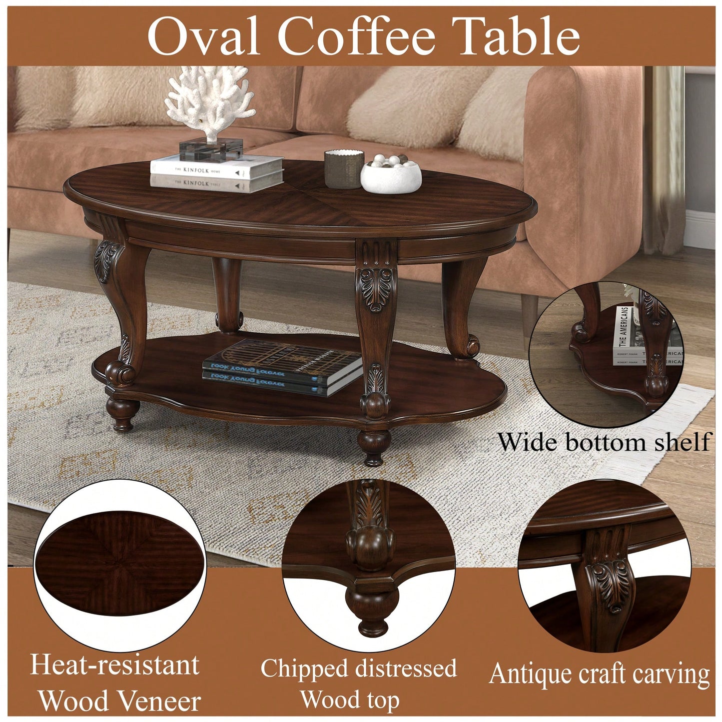 Stylish 42'' Oval Wood Coffee Table For Living Room - 2-Tier Solid Wood Design With Open Storage Shelf, Easy Assembly - Elegant Cherry Finish
