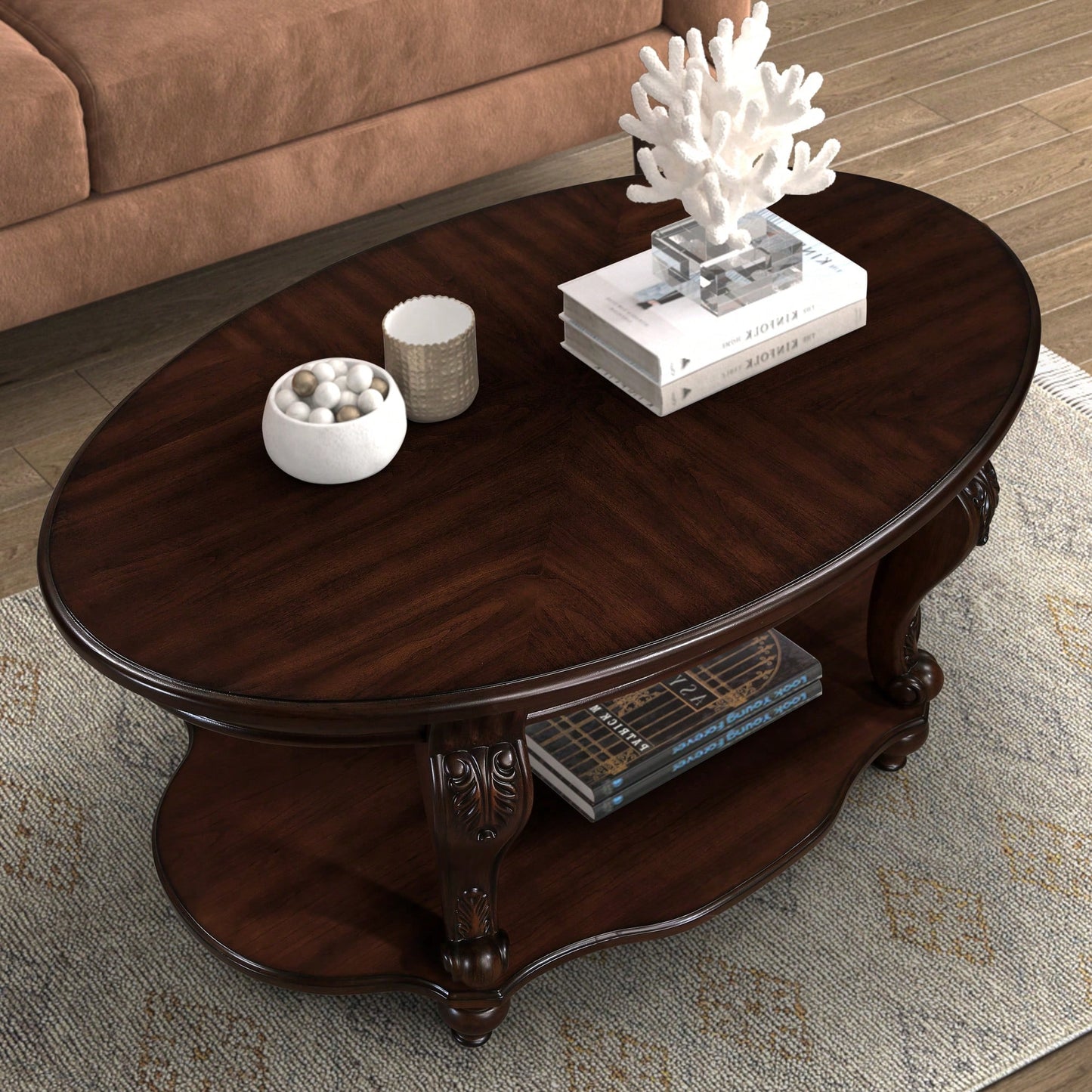 Stylish 42'' Oval Wood Coffee Table For Living Room - 2-Tier Solid Wood Design With Open Storage Shelf, Easy Assembly - Elegant Cherry Finish