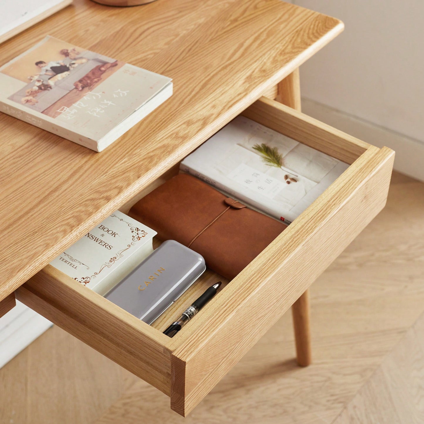Stylish Solid Wood Computer Desk - Natural Oak Finish, Slim Design With Drawer, Ideal For Home Office Or Study, 100 Cm Width, 50 Cm Depth