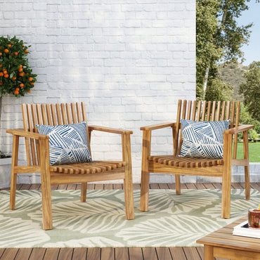 Set Of 2 Outdoor Acacia Wood Slatted Club Chairs With Teak Finish - Stylish Patio Seating, 30D X 28"W X 30.75"H"