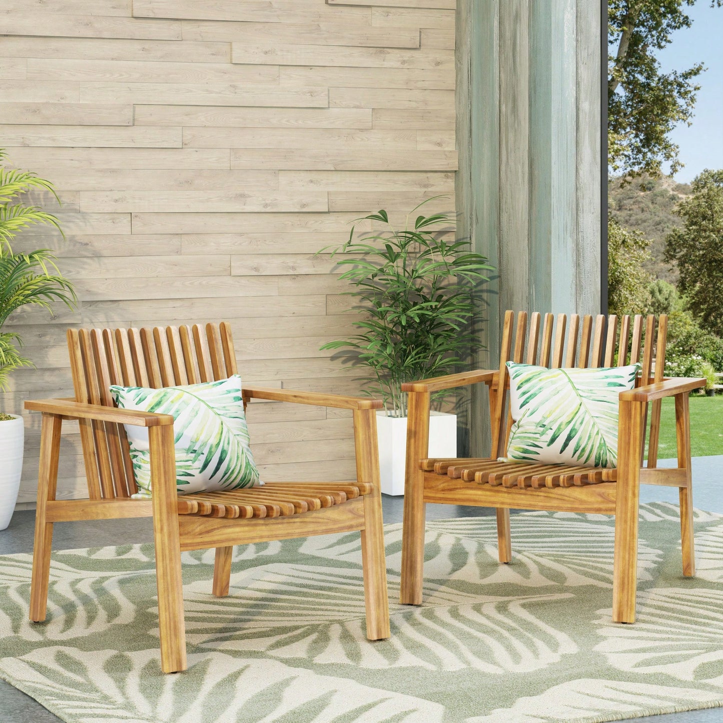 Set Of 2 Outdoor Acacia Wood Slatted Club Chairs With Teak Finish - Stylish Patio Seating, 30D X 28"W X 30.75"H"