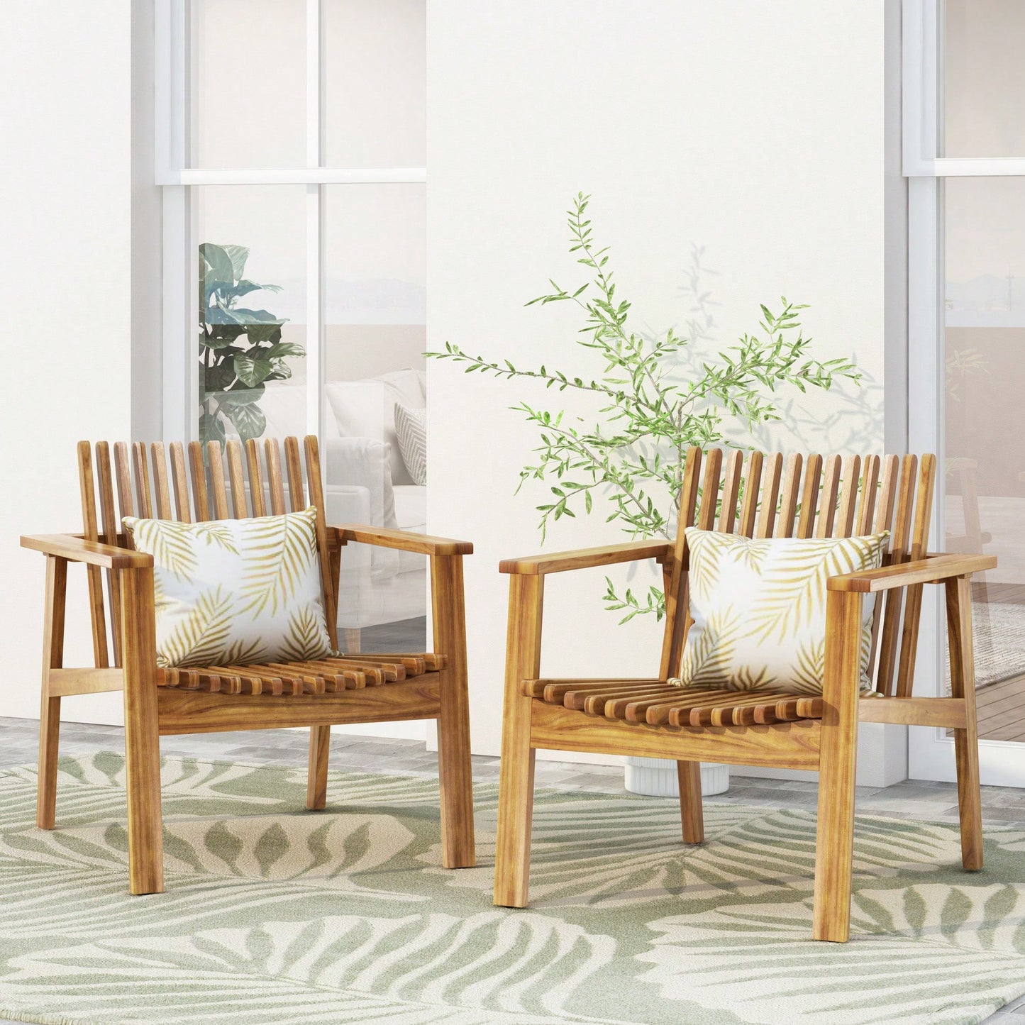 Set Of 2 Outdoor Acacia Wood Slatted Club Chairs With Teak Finish - Stylish Patio Seating, 30D X 28"W X 30.75"H"
