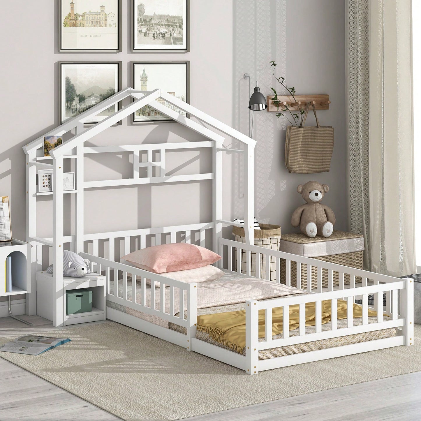 Cozy Twin Size House-Shaped Bed Frame With Guardrails, Slats, And Nightstand - Gray Finish