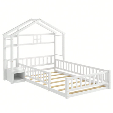 Cozy Twin Size House-Shaped Bed Frame With Guardrails, Slats, And Nightstand - Gray Finish