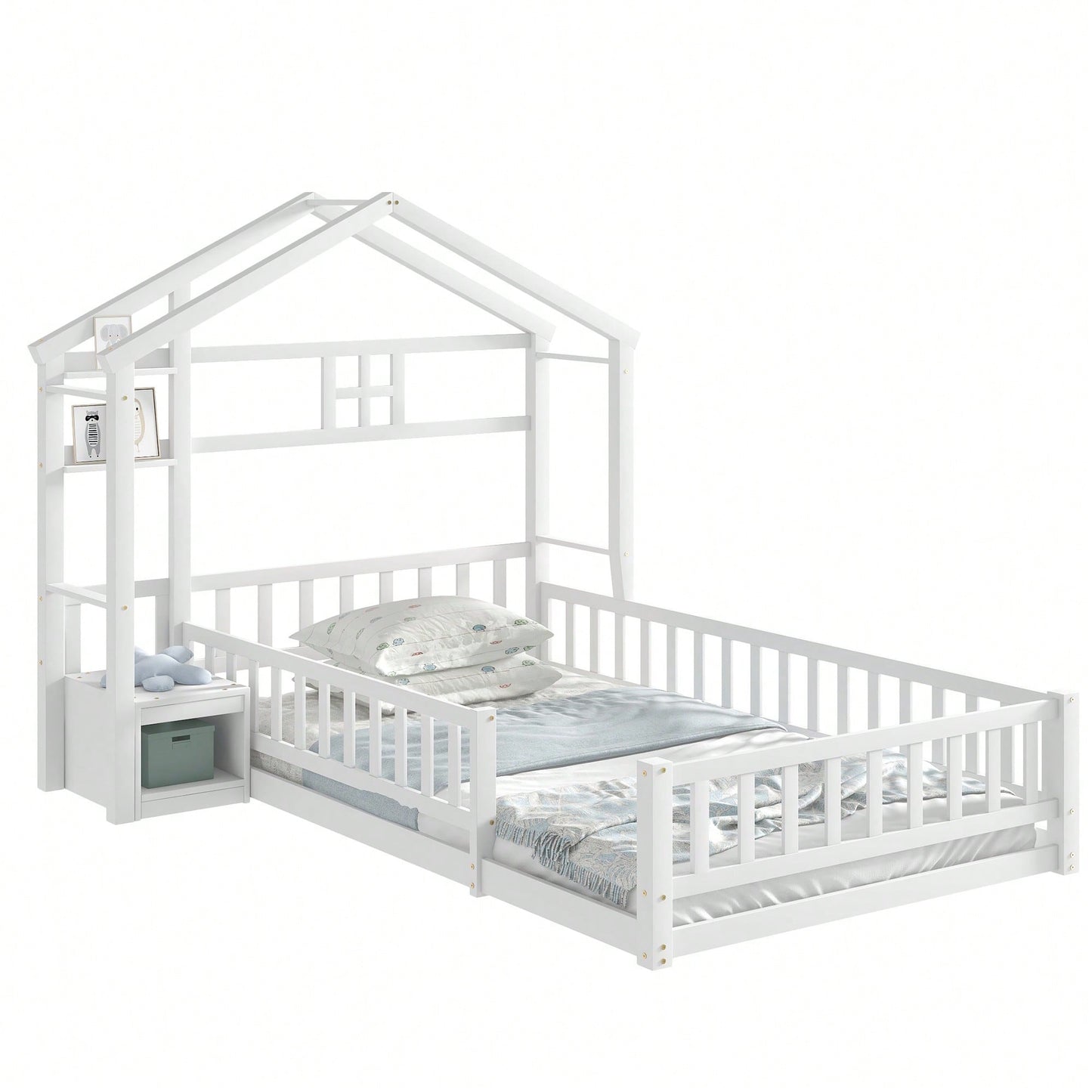Cozy Twin Size House-Shaped Bed Frame With Guardrails, Slats, And Nightstand - Gray Finish