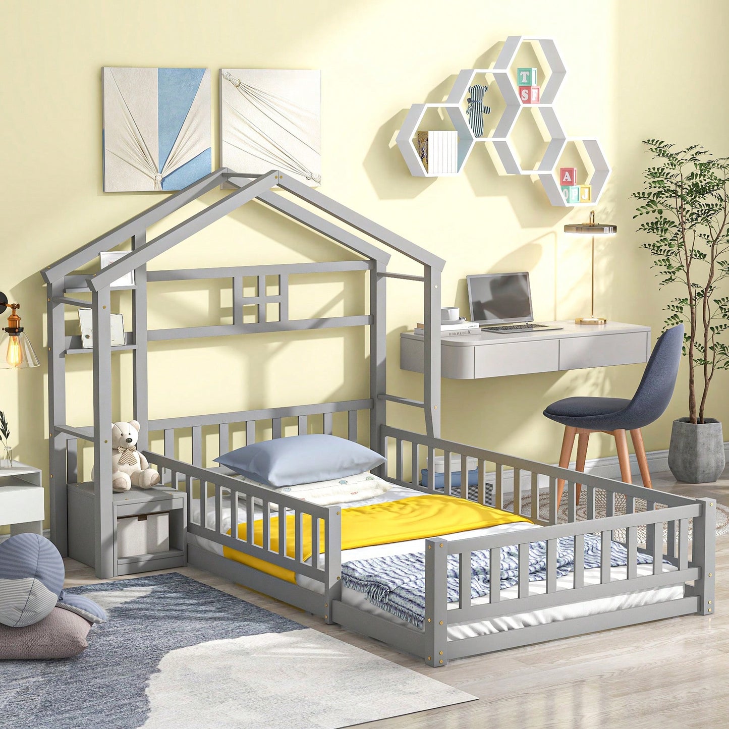 Cozy Twin Size House-Shaped Bed Frame With Guardrails, Slats, And Nightstand - Gray Finish