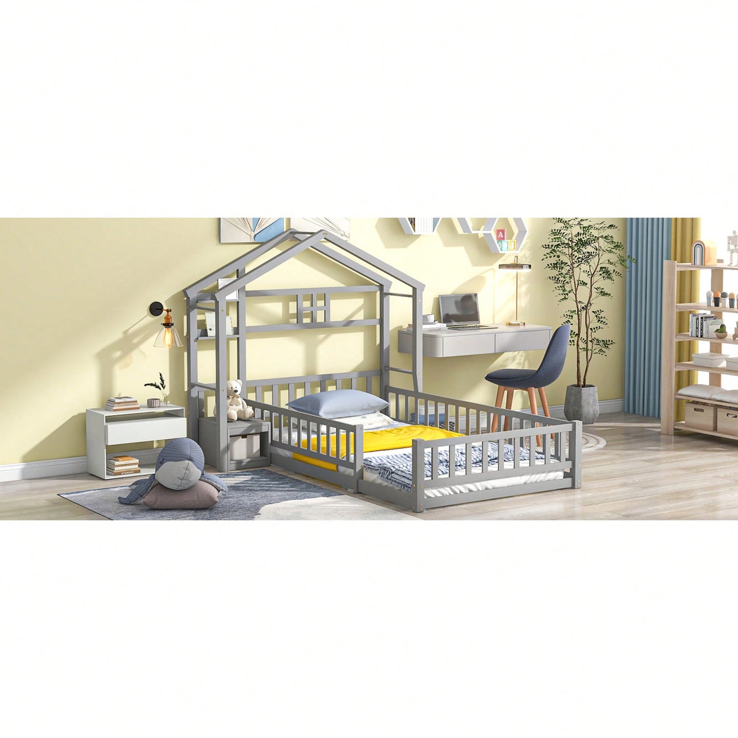 Cozy Twin Size House-Shaped Bed Frame With Guardrails, Slats, And Nightstand - Gray Finish