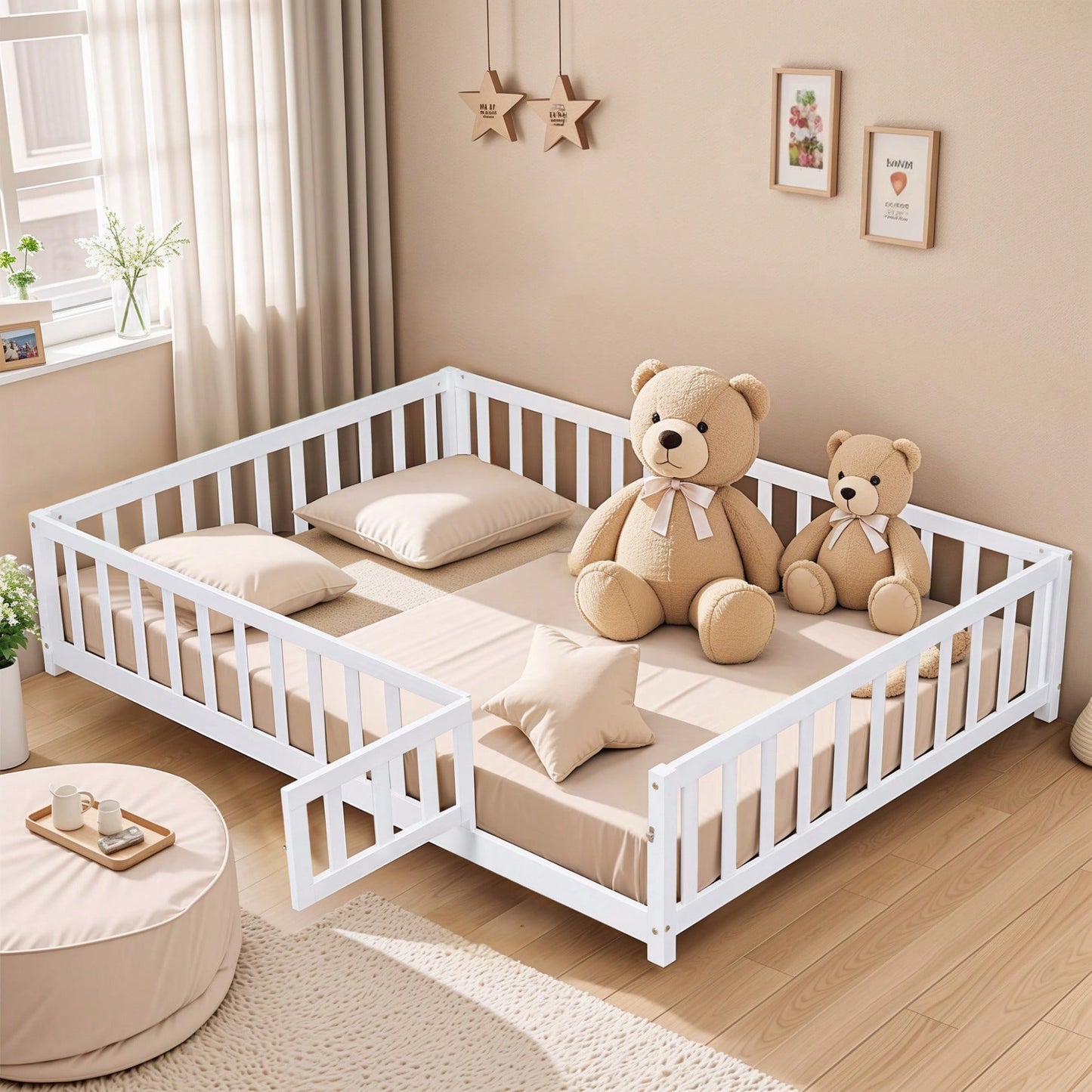Cozy Montessori Floor Bed For Kids With Fence & Door – Safe Wooden Platform Frame For Toddlers, Stylish White Design