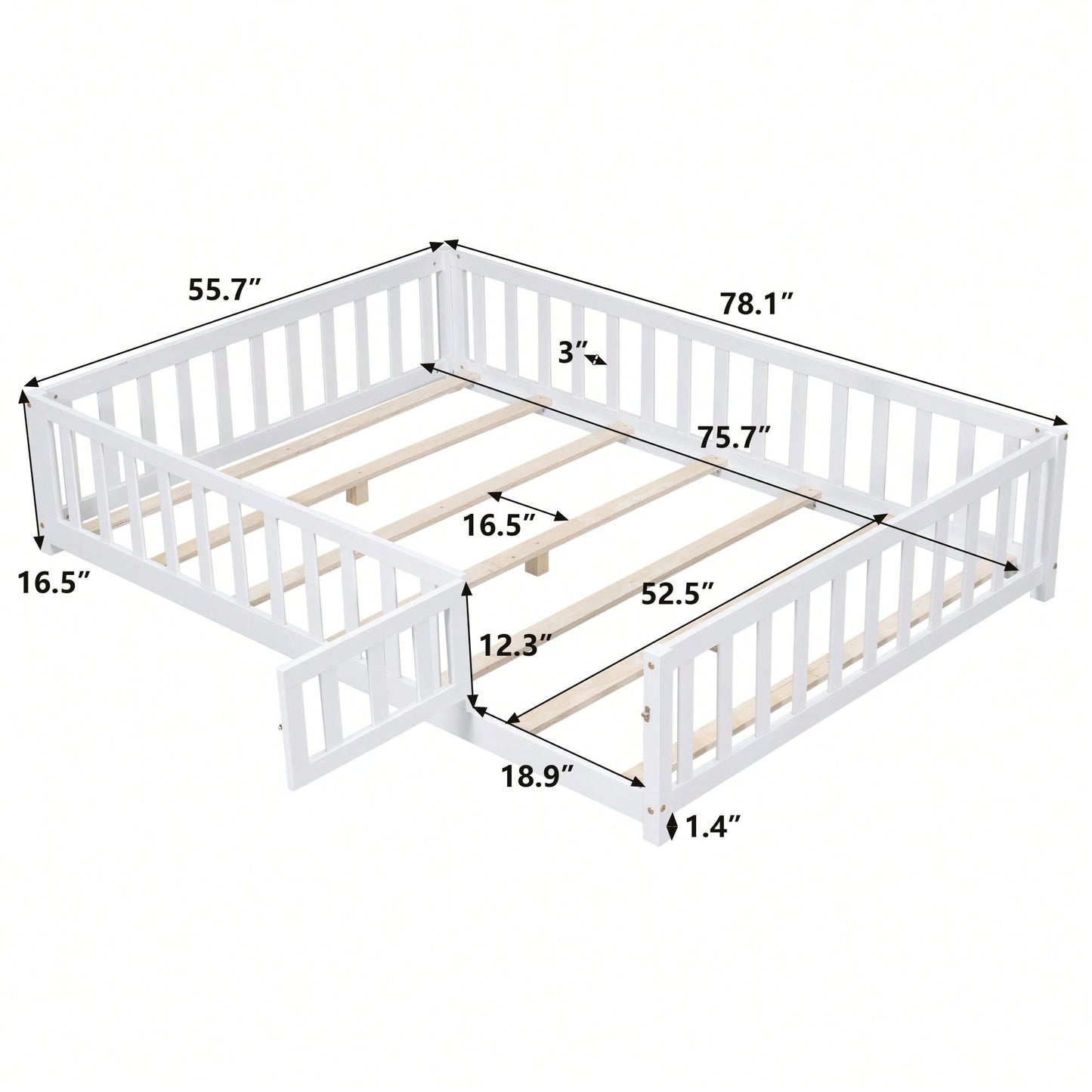 Cozy Montessori Floor Bed For Kids With Fence & Door – Safe Wooden Platform Frame For Toddlers, Stylish White Design