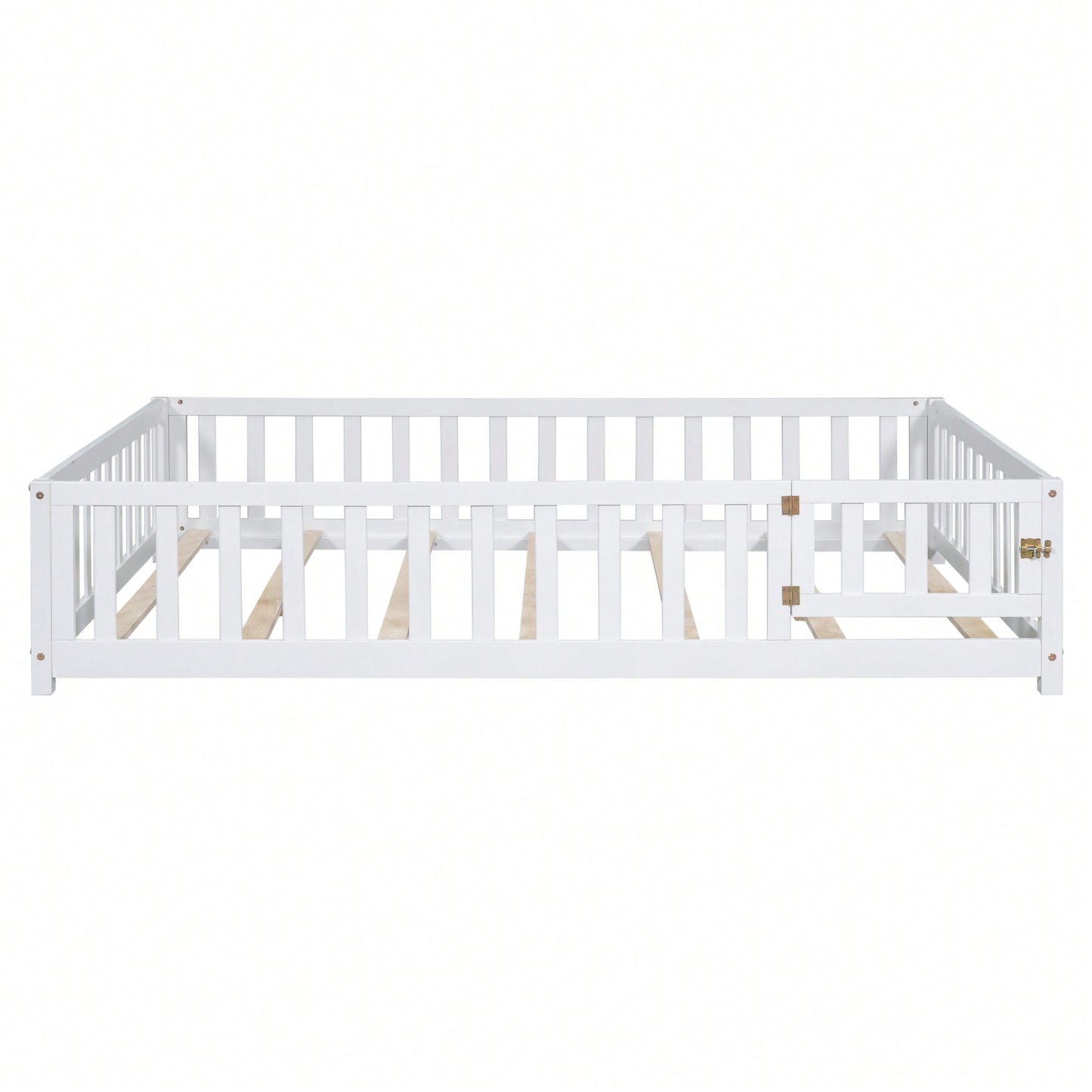 Cozy Montessori Floor Bed For Kids With Fence & Door – Safe Wooden Platform Frame For Toddlers, Stylish White Design
