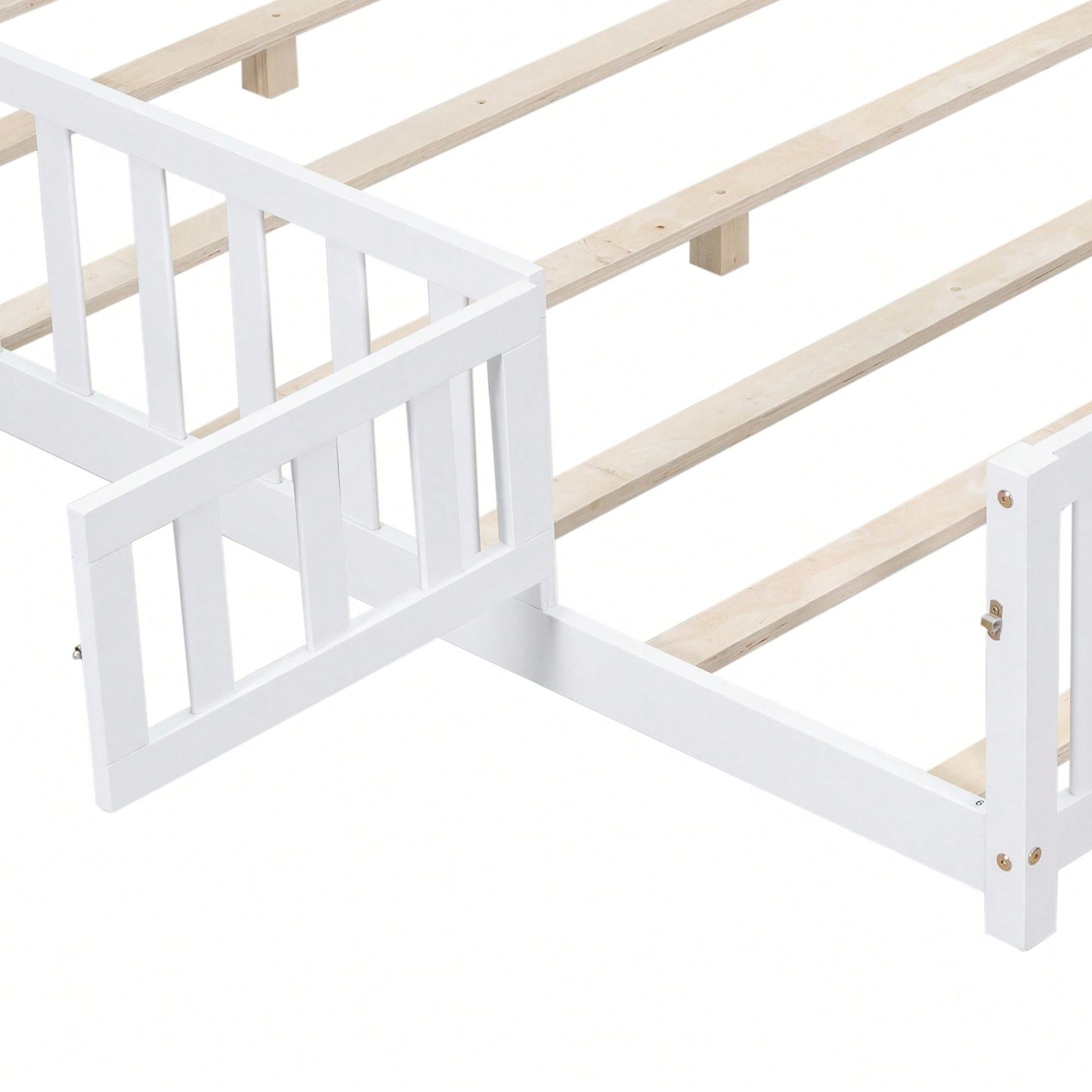 Cozy Montessori Floor Bed For Kids With Fence & Door – Safe Wooden Platform Frame For Toddlers, Stylish White Design