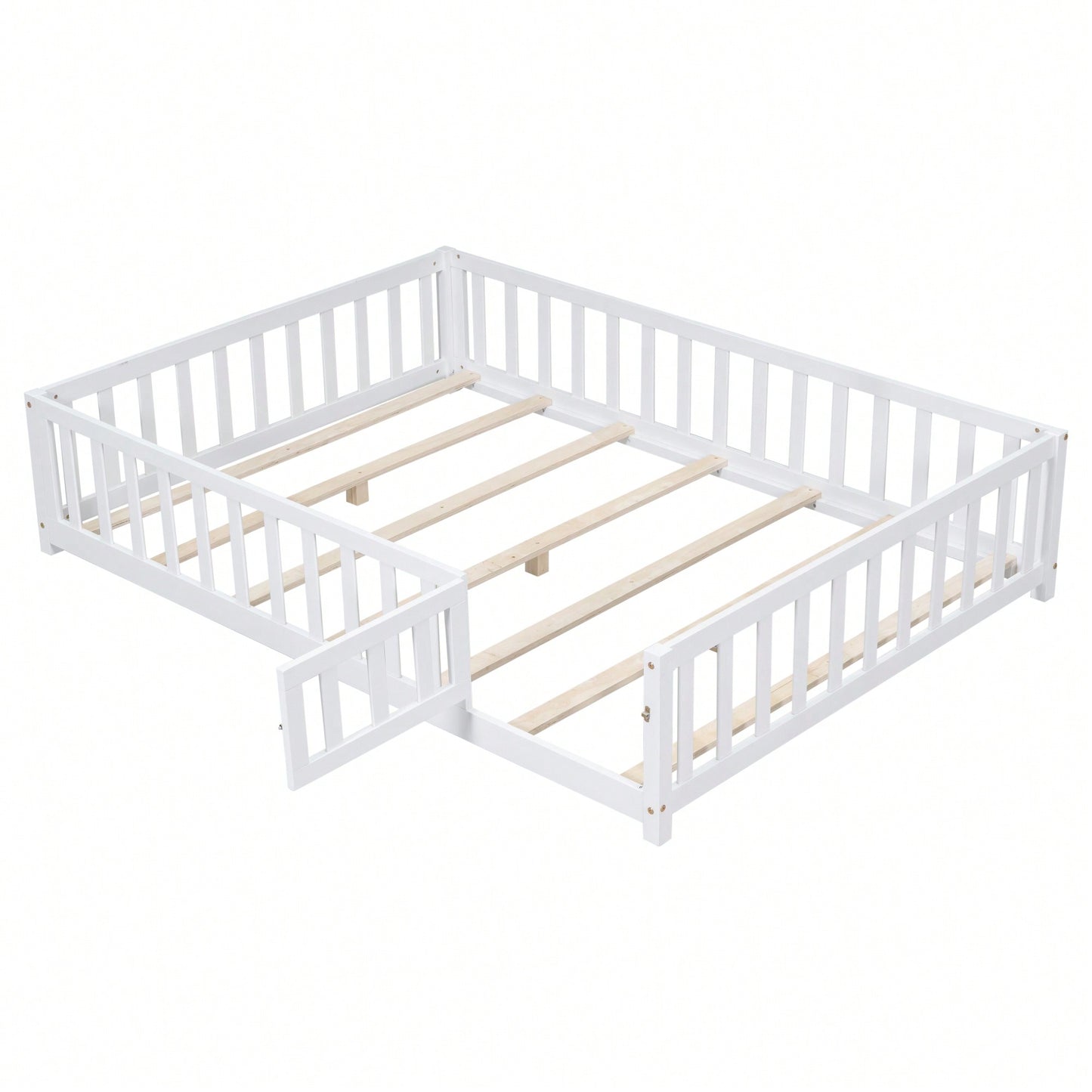 Cozy Montessori Floor Bed For Kids With Fence & Door – Safe Wooden Platform Frame For Toddlers, Stylish White Design