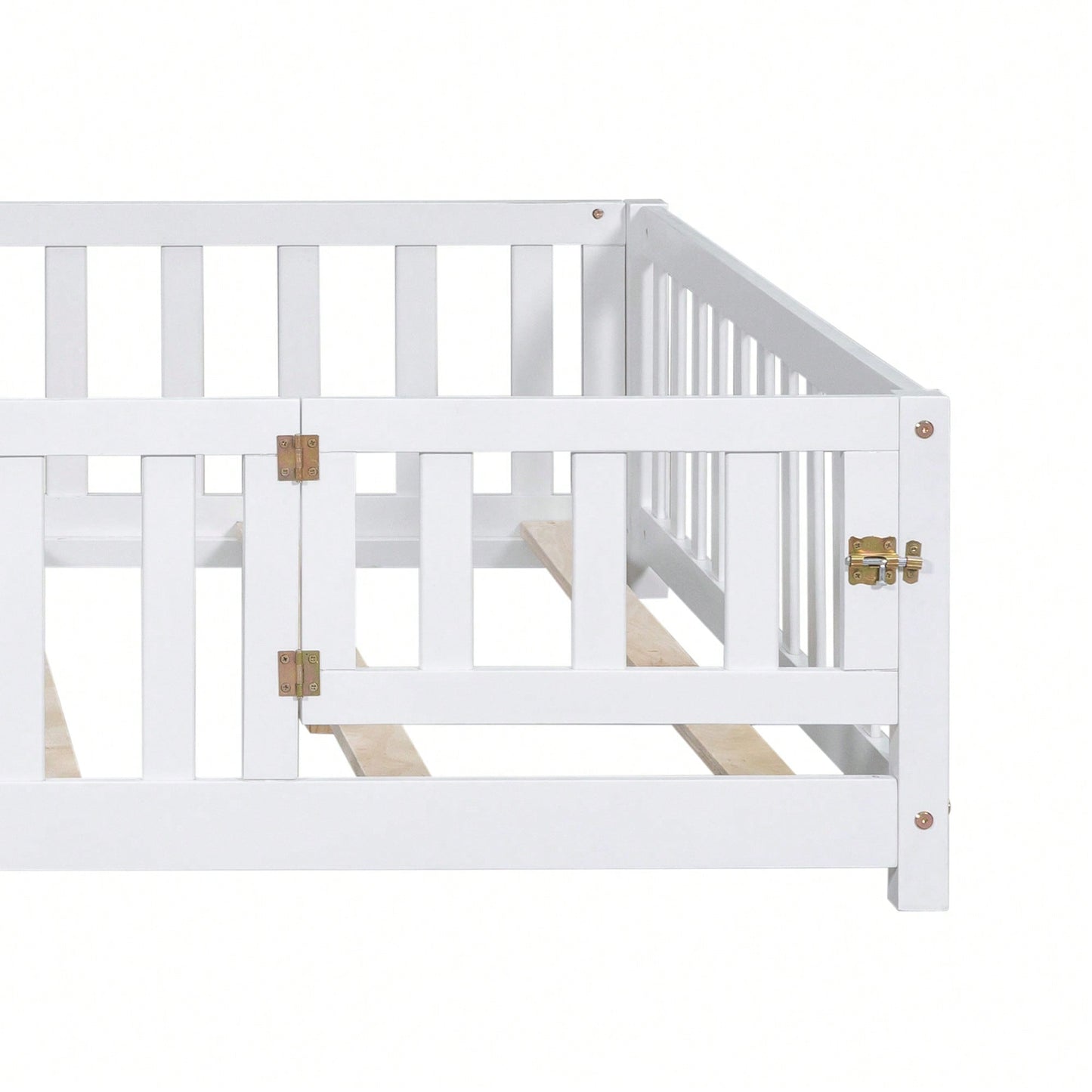Cozy Montessori Floor Bed For Kids With Fence & Door – Safe Wooden Platform Frame For Toddlers, Stylish White Design