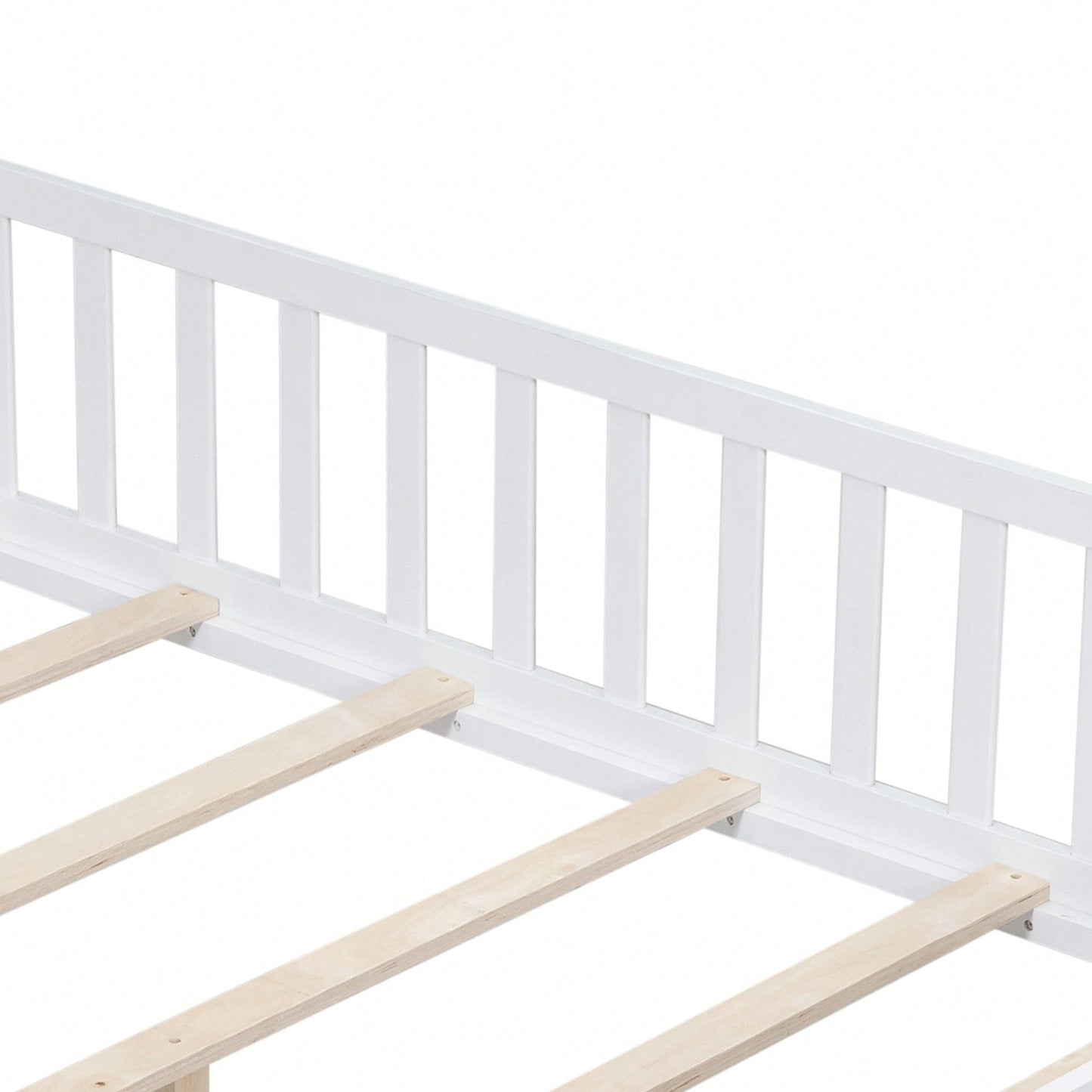 Cozy Montessori Floor Bed For Kids With Fence & Door – Safe Wooden Platform Frame For Toddlers, Stylish White Design