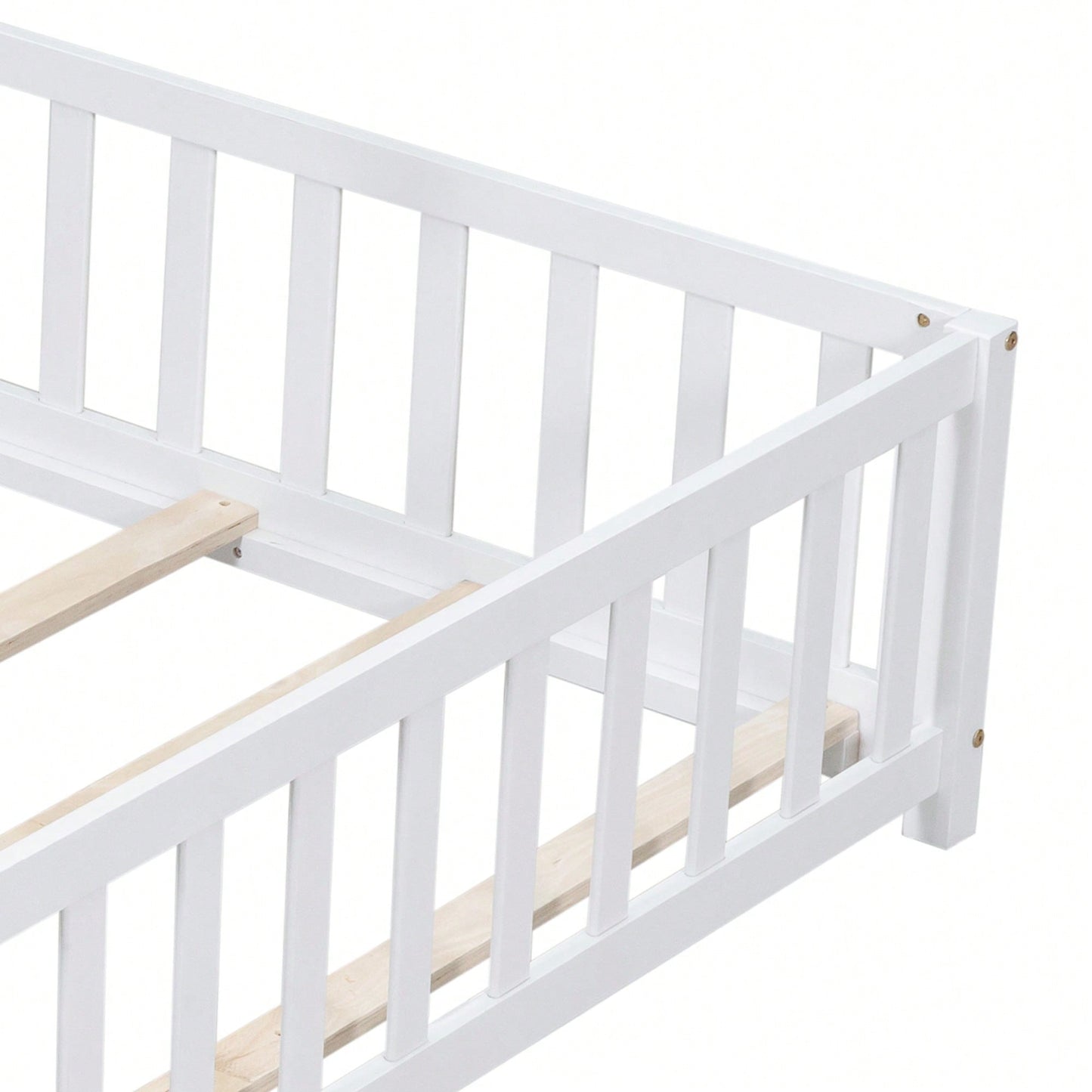 Cozy Montessori Floor Bed For Kids With Fence & Door – Safe Wooden Platform Frame For Toddlers, Stylish White Design