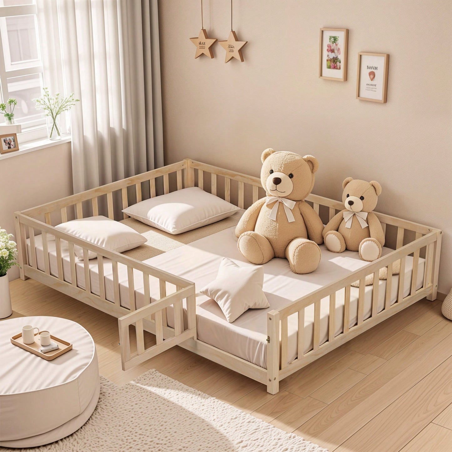Cozy Montessori Floor Bed For Kids With Fence & Door – Safe Wooden Platform Frame For Toddlers, Stylish White Design
