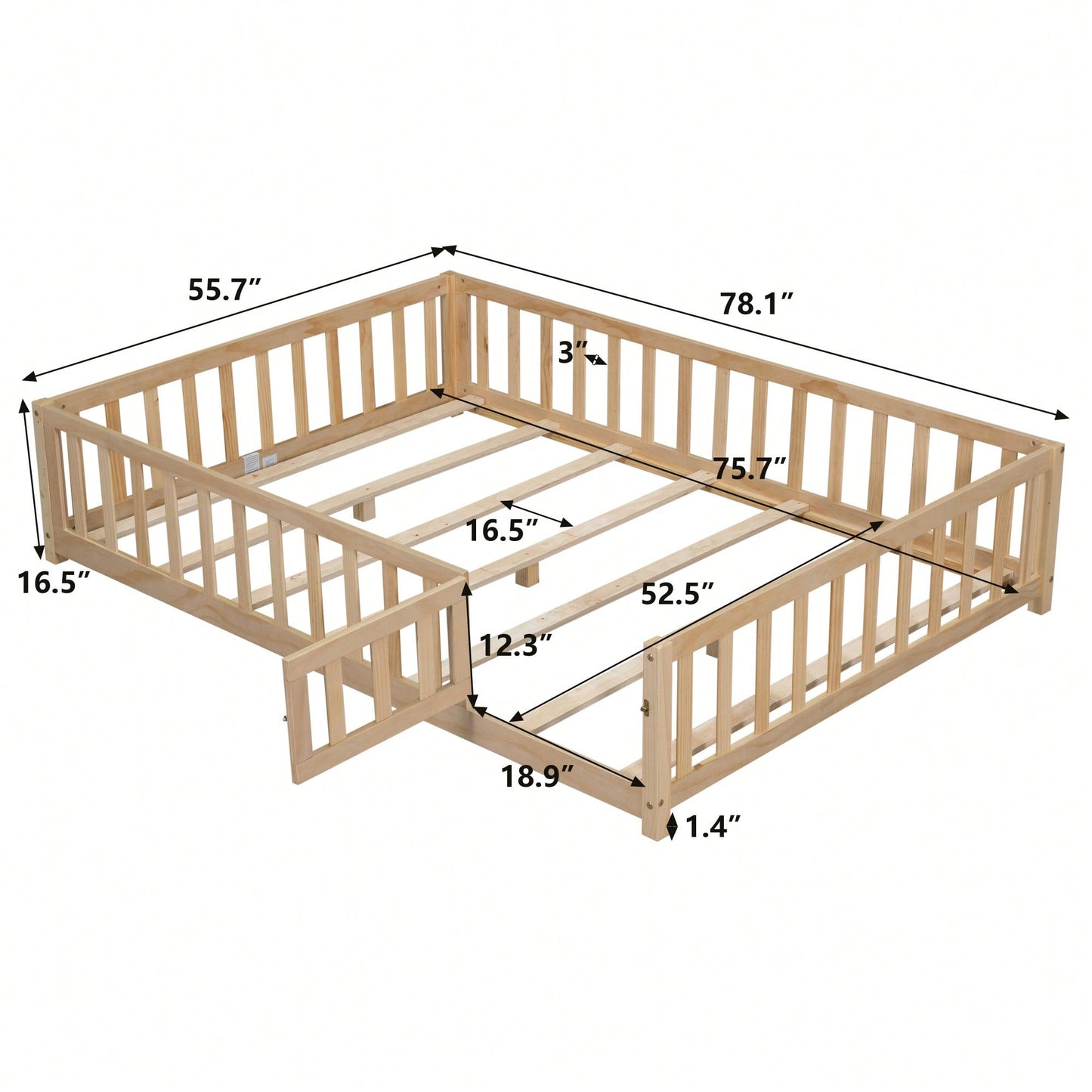 Cozy Montessori Floor Bed For Kids With Fence & Door – Safe Wooden Platform Frame For Toddlers, Stylish White Design