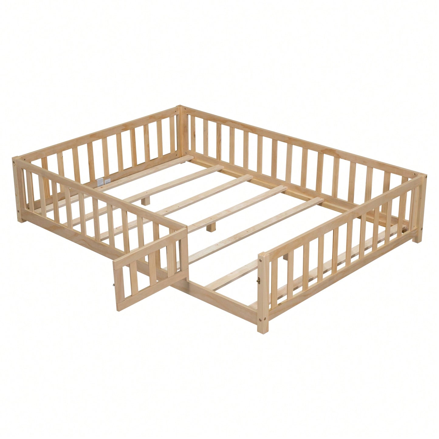 Cozy Montessori Floor Bed For Kids With Fence & Door – Safe Wooden Platform Frame For Toddlers, Stylish White Design