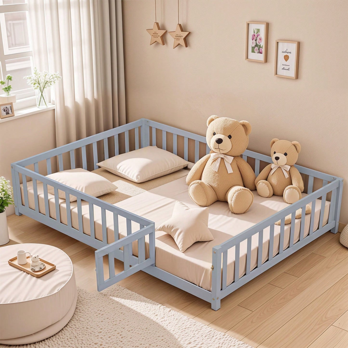 Cozy Montessori Floor Bed For Kids With Fence & Door – Safe Wooden Platform Frame For Toddlers, Stylish White Design