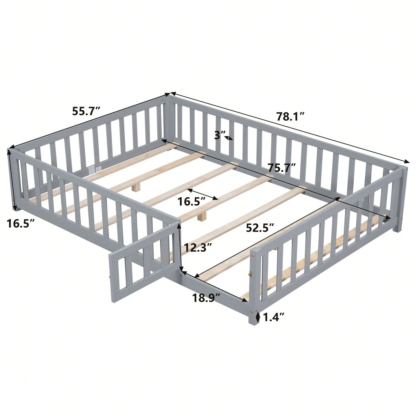 Cozy Montessori Floor Bed For Kids With Fence & Door – Safe Wooden Platform Frame For Toddlers, Stylish White Design