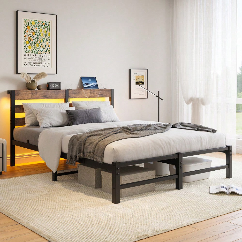 Elegant Queen Size Metal Bed Frame With Wooden Headboard, RGB LED Lights, USB Charger, Storage Shelf, Noise-Free Design, No Box Spring Required, Sleek Black Finish