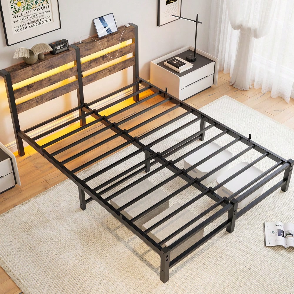 Elegant Queen Size Metal Bed Frame With Wooden Headboard, RGB LED Lights, USB Charger, Storage Shelf, Noise-Free Design, No Box Spring Required, Sleek Black Finish