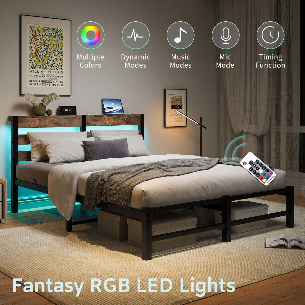 Elegant Queen Size Metal Bed Frame With Wooden Headboard, RGB LED Lights, USB Charger, Storage Shelf, Noise-Free Design, No Box Spring Required, Sleek Black Finish