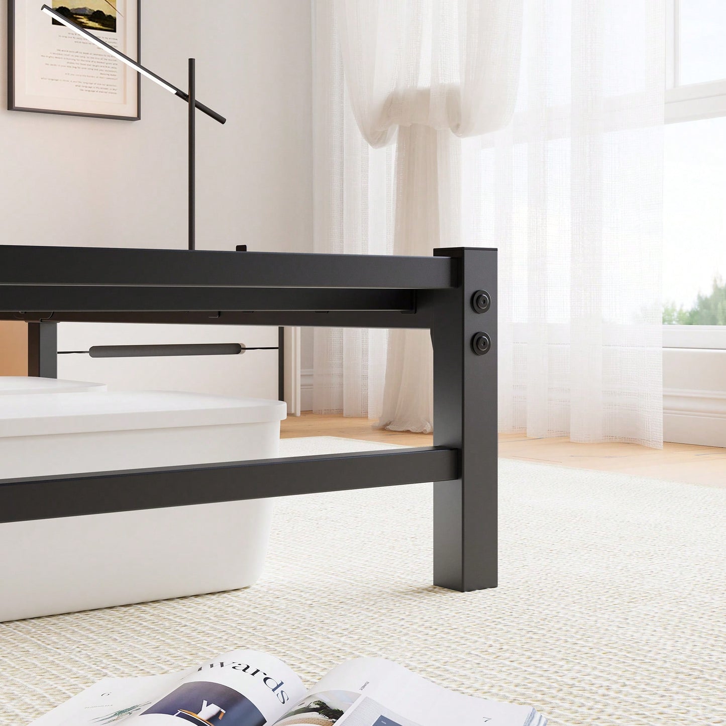 Elegant Queen Size Metal Bed Frame With Wooden Headboard, RGB LED Lights, USB Charger, Storage Shelf, Noise-Free Design, No Box Spring Required, Sleek Black Finish
