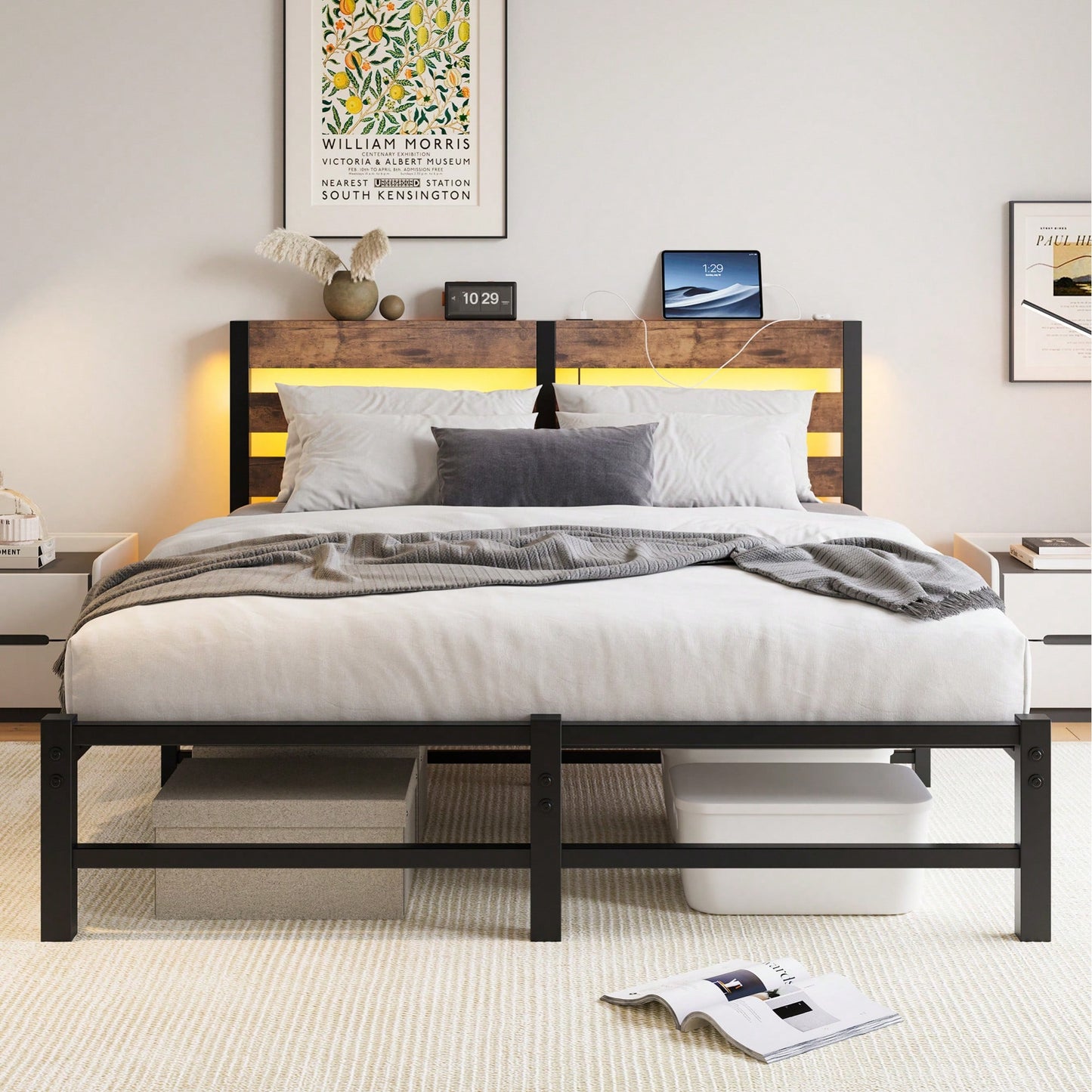 Elegant Queen Size Metal Bed Frame With Wooden Headboard, RGB LED Lights, USB Charger, Storage Shelf, Noise-Free Design, No Box Spring Required, Sleek Black Finish