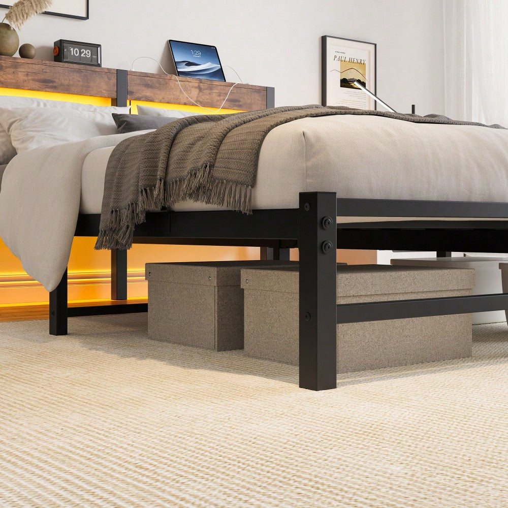 Elegant Queen Size Metal Bed Frame With Wooden Headboard, RGB LED Lights, USB Charger, Storage Shelf, Noise-Free Design, No Box Spring Required, Sleek Black Finish