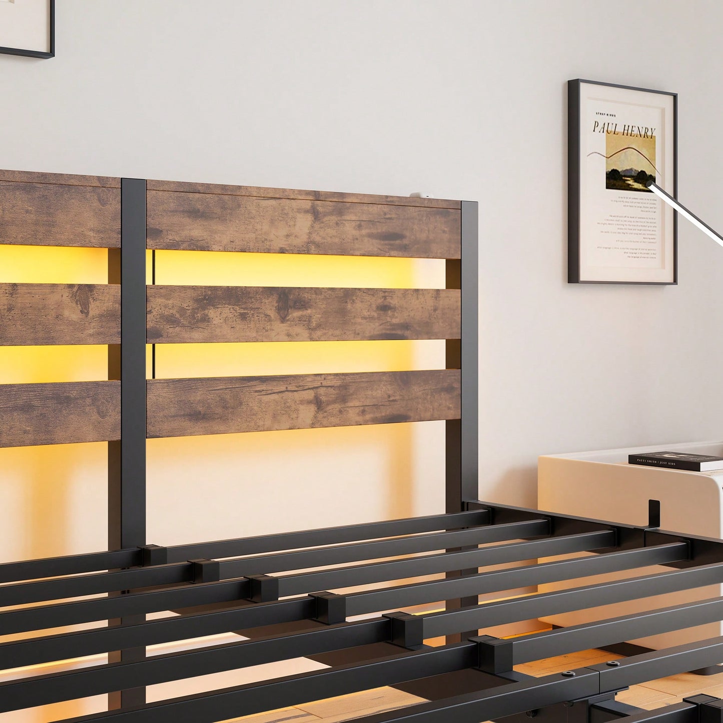 Elegant Queen Size Metal Bed Frame With Wooden Headboard, RGB LED Lights, USB Charger, Storage Shelf, Noise-Free Design, No Box Spring Required, Sleek Black Finish