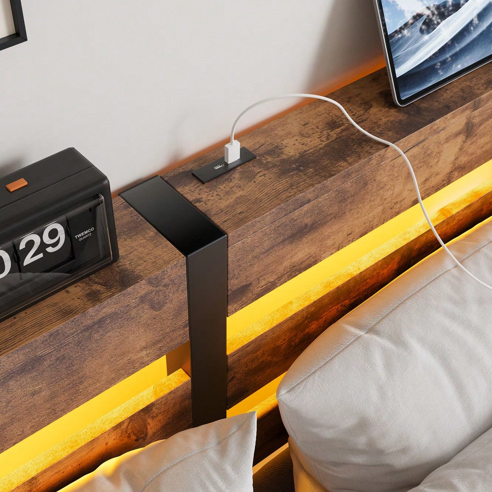 Elegant Queen Size Metal Bed Frame With Wooden Headboard, RGB LED Lights, USB Charger, Storage Shelf, Noise-Free Design, No Box Spring Required, Sleek Black Finish