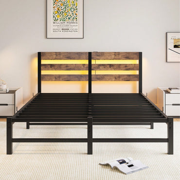 Elegant Queen Size Metal Bed Frame With Wooden Headboard, RGB LED Lights, USB Charger, Storage Shelf, Noise-Free Design, No Box Spring Required, Sleek Black Finish