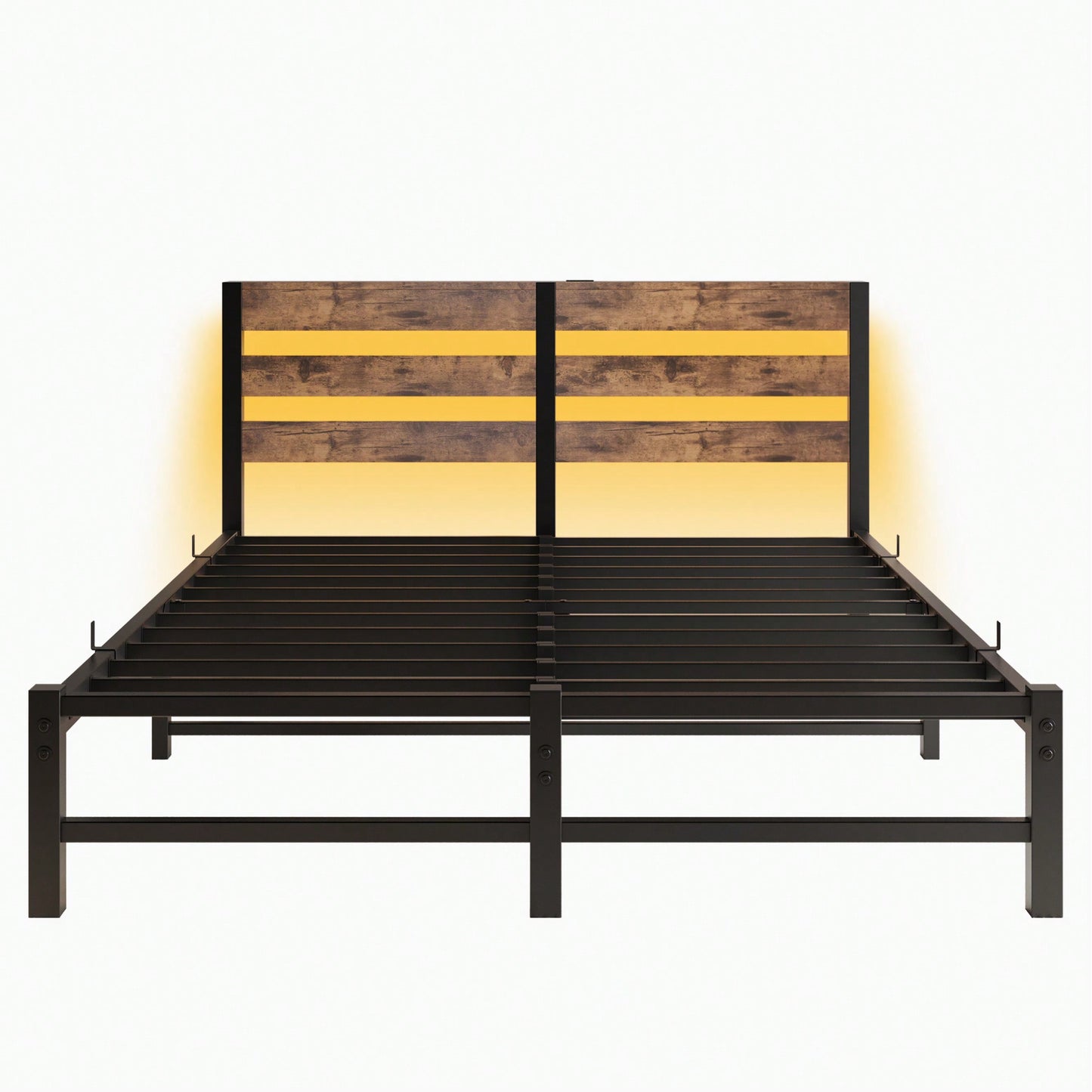 Elegant Queen Size Metal Bed Frame With Wooden Headboard, RGB LED Lights, USB Charger, Storage Shelf, Noise-Free Design, No Box Spring Required, Sleek Black Finish