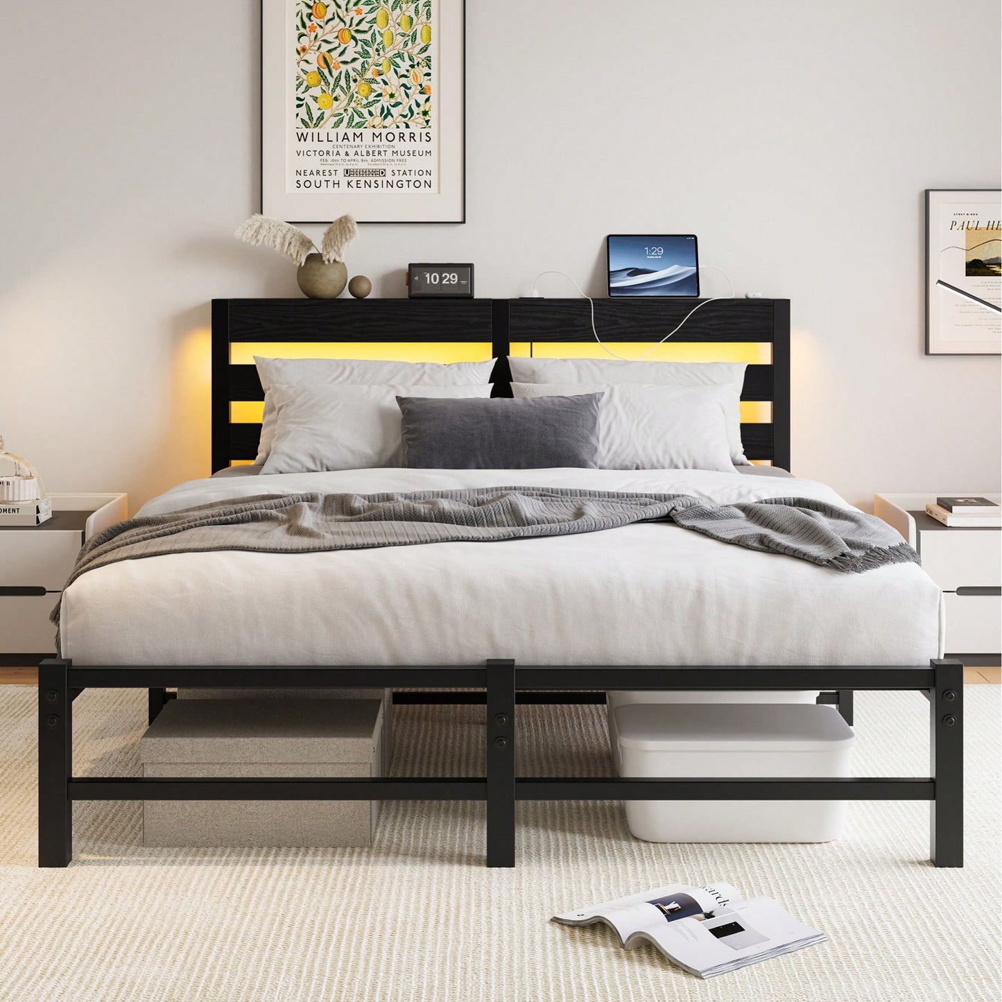 Elegant Queen Size Metal Bed Frame With Wooden Headboard, RGB LED Lights, USB Charger, Storage Shelf, Noise-Free Design, No Box Spring Required, Sleek Black Finish