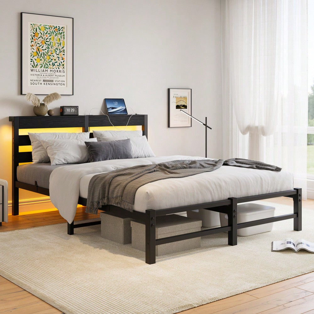 Elegant Queen Size Metal Bed Frame With Wooden Headboard, RGB LED Lights, USB Charger, Storage Shelf, Noise-Free Design, No Box Spring Required, Sleek Black Finish