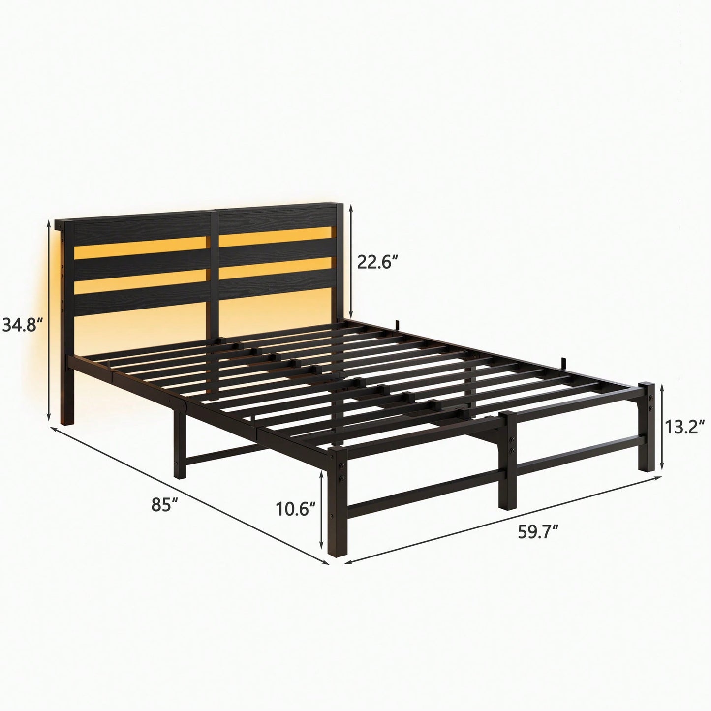 Elegant Queen Size Metal Bed Frame With Wooden Headboard, RGB LED Lights, USB Charger, Storage Shelf, Noise-Free Design, No Box Spring Required, Sleek Black Finish