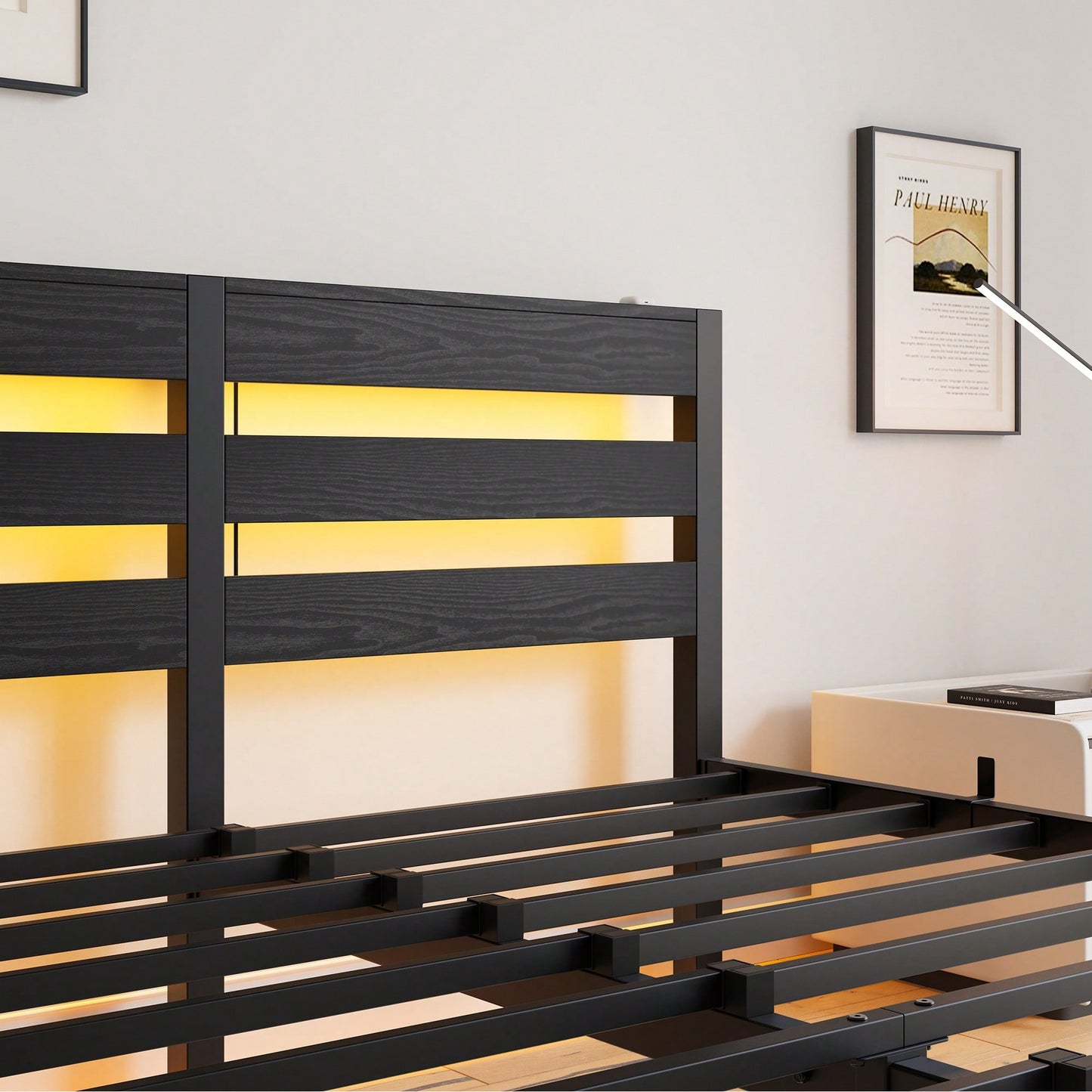 Elegant Queen Size Metal Bed Frame With Wooden Headboard, RGB LED Lights, USB Charger, Storage Shelf, Noise-Free Design, No Box Spring Required, Sleek Black Finish