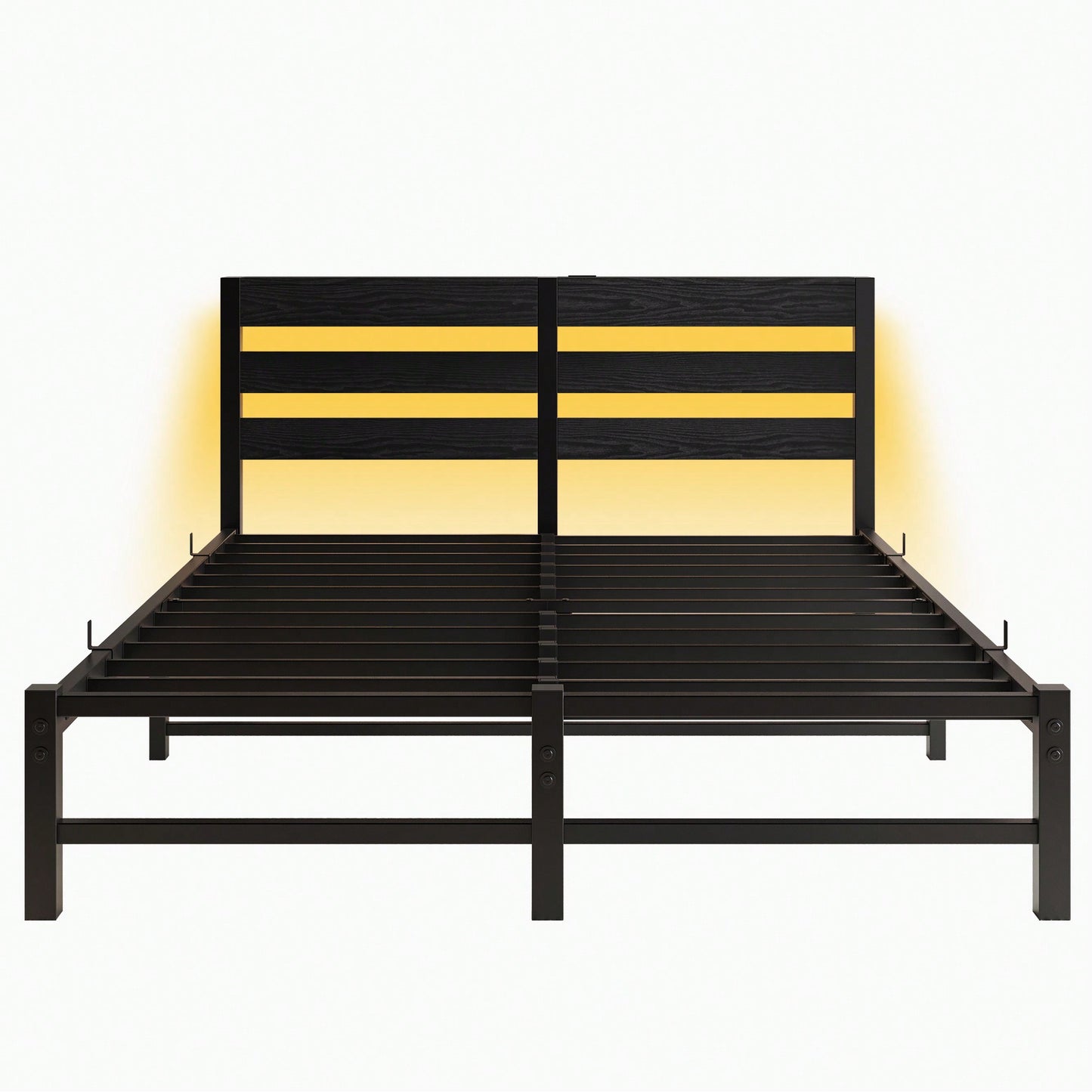 Elegant Queen Size Metal Bed Frame With Wooden Headboard, RGB LED Lights, USB Charger, Storage Shelf, Noise-Free Design, No Box Spring Required, Sleek Black Finish