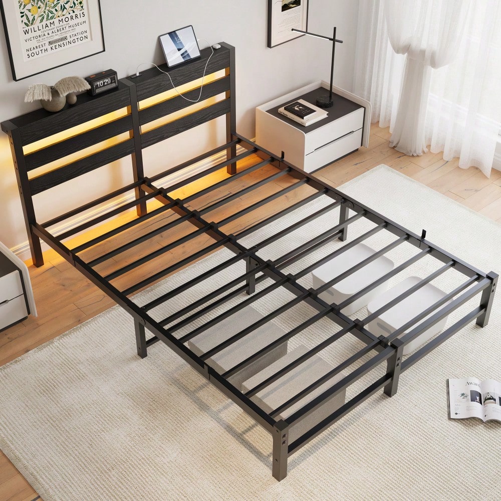 Elegant Queen Size Metal Bed Frame With Wooden Headboard, RGB LED Lights, USB Charger, Storage Shelf, Noise-Free Design, No Box Spring Required, Sleek Black Finish