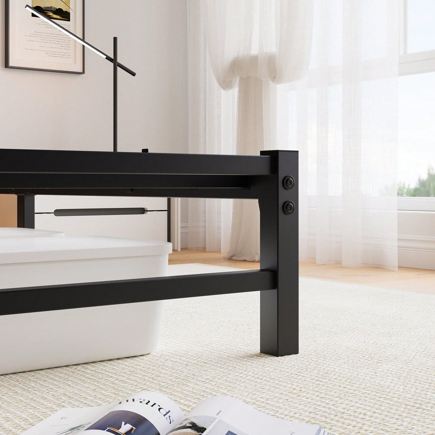 Elegant Queen Size Metal Bed Frame With Wooden Headboard, RGB LED Lights, USB Charger, Storage Shelf, Noise-Free Design, No Box Spring Required, Sleek Black Finish