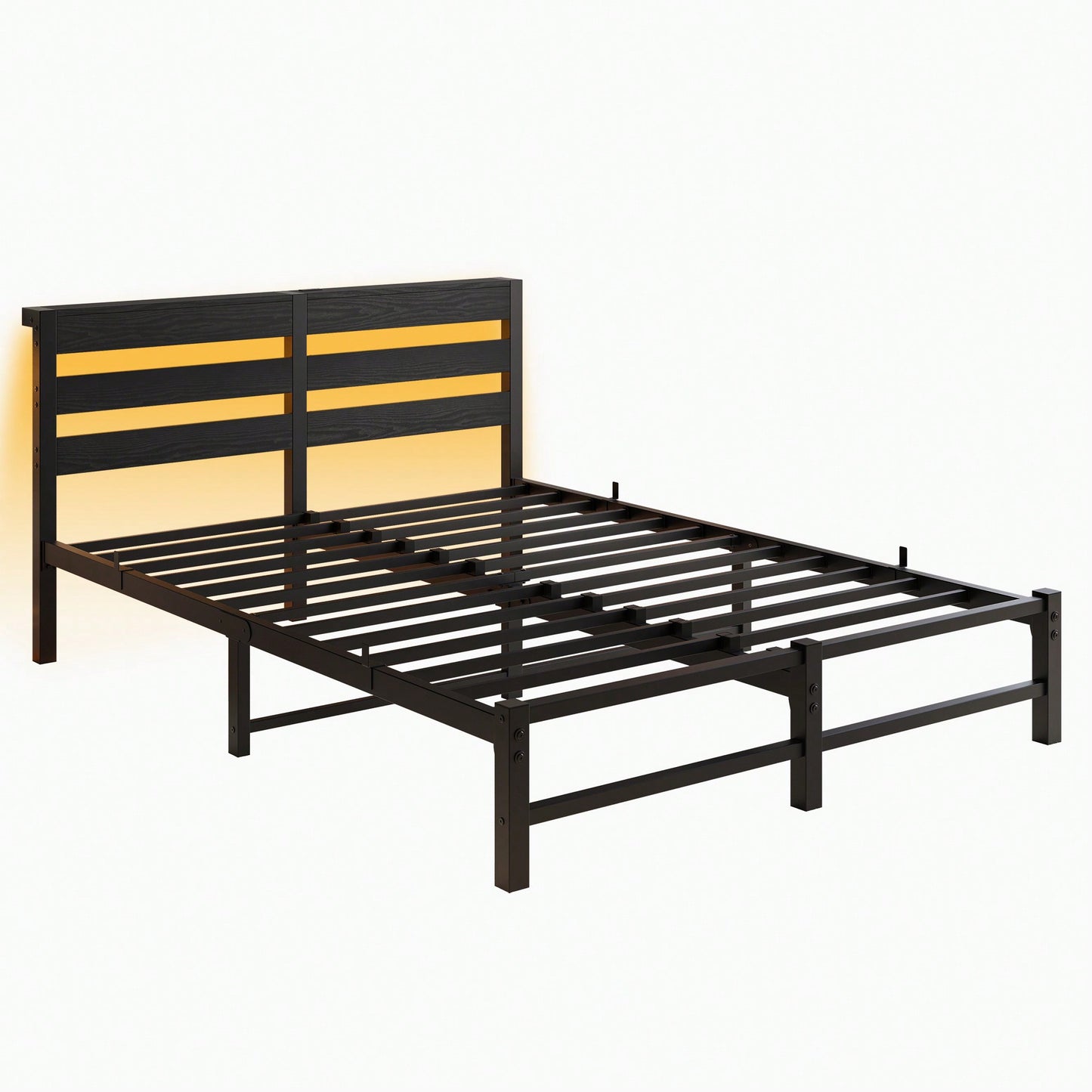 Elegant Queen Size Metal Bed Frame With Wooden Headboard, RGB LED Lights, USB Charger, Storage Shelf, Noise-Free Design, No Box Spring Required, Sleek Black Finish